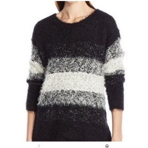 Two by Vince Camuto Black-White-Gray Striped Eyelash Chunky Knit Sweater Size XL
